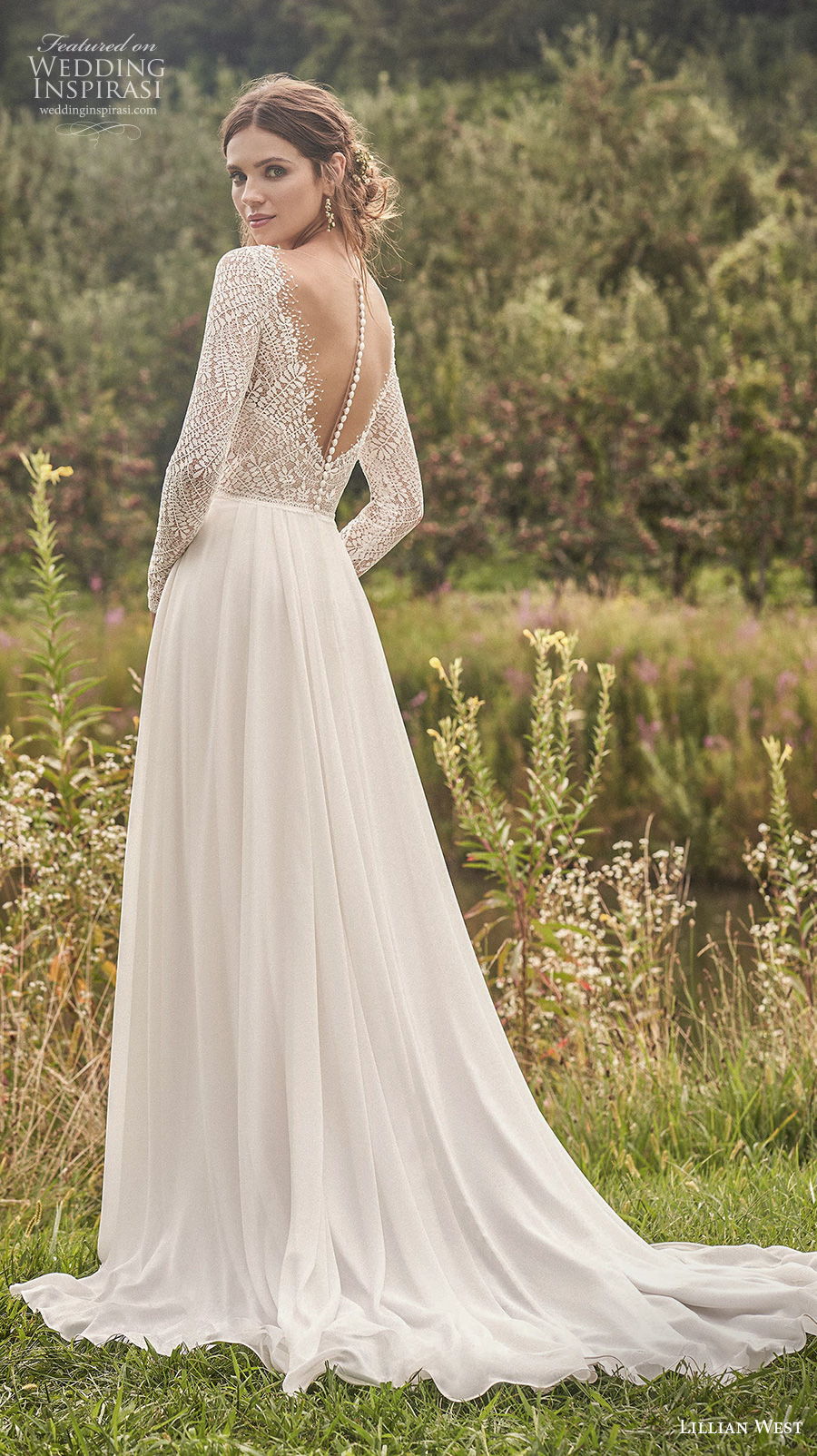 lillian west fall 2020 bridal long sleeves v neck heavily embellished bodice elegant a  line wedding dress sheer button v back short train (11) bv