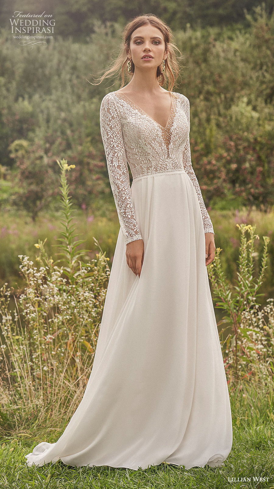 lillian west fall 2020 bridal long sleeves v neck heavily embellished bodice elegant a  line wedding dress sheer button v back short train (11) mv