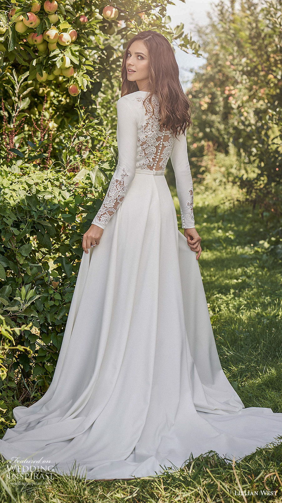 lillian west fall 2020 bridal long sleeves v neck simple elegant slit skirt a  line wedding dress lace back chapel train (1) bv