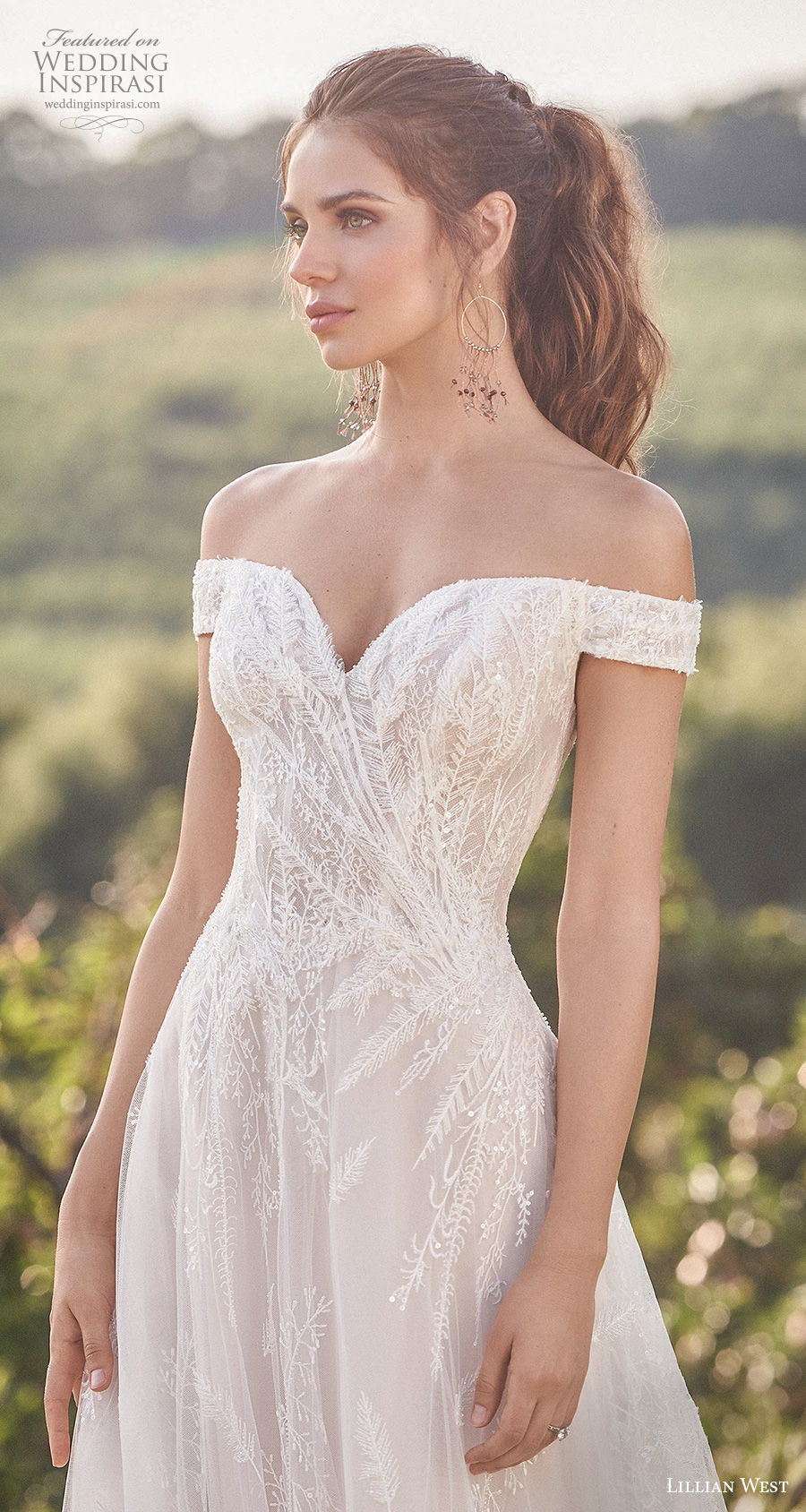 lillian west fall 2020 bridal off the shoulder sweetheart neckline full embellishment romantic a  line wedding dress sweep train (14) zv