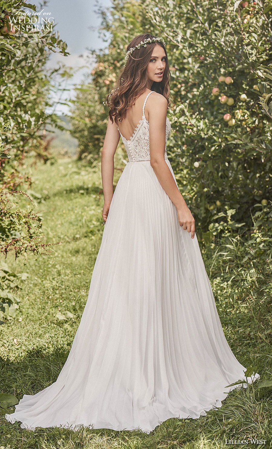 lillian west fall 2020 bridal sleeveless thin strap diamond neckline heavily embellished bodice romantic soft a  line wedding dress v back short train (3) bv