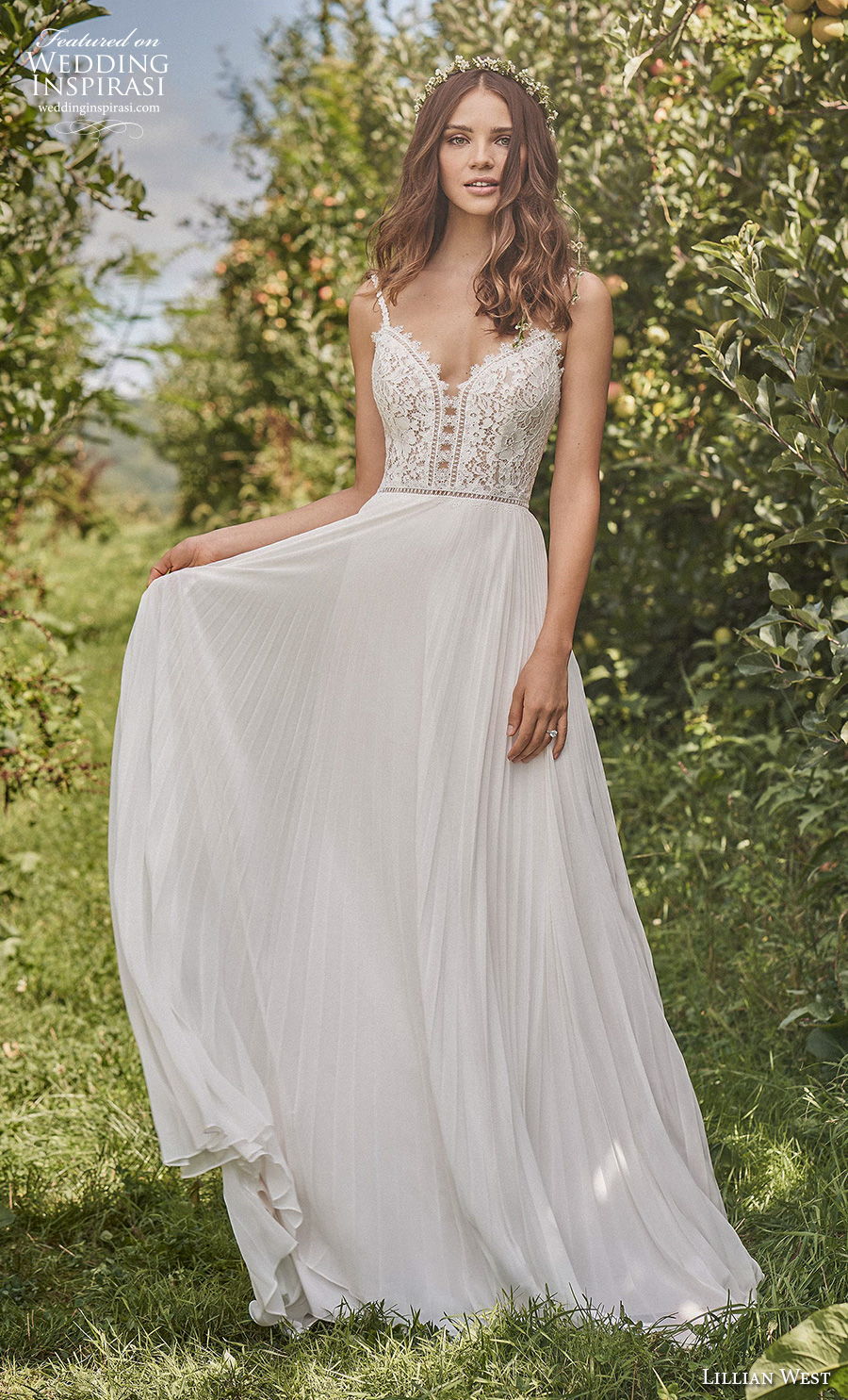 lillian west fall 2020 bridal sleeveless thin strap diamond neckline heavily embellished bodice romantic soft a  line wedding dress v back short train (3) mv