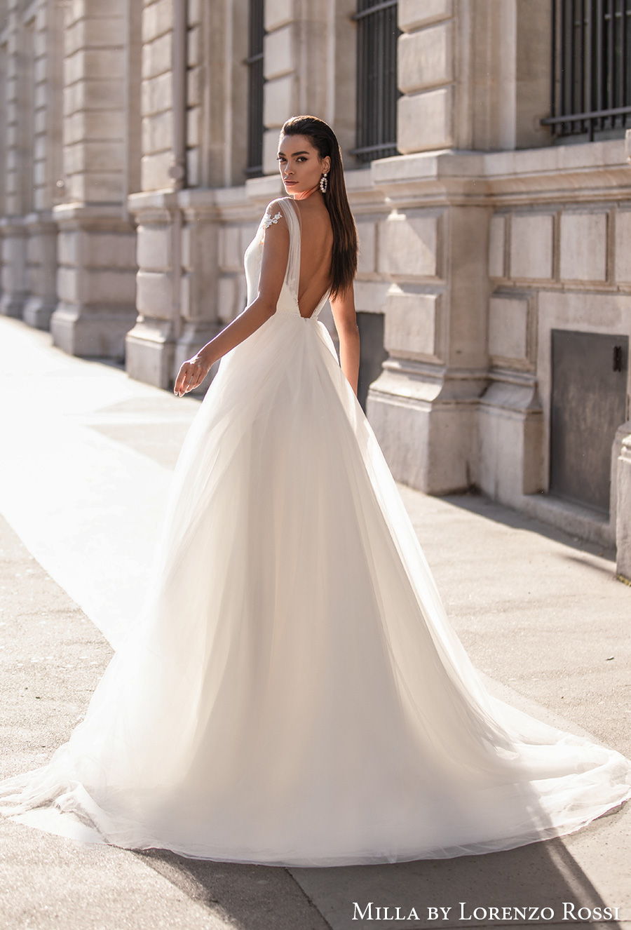 milla lorenzo rossi 2021 bridal cap sleeves  sweetheart neckline heavily embellished bodice romantic a  line wedding dress backless low v back chapel train (annebelle) bv