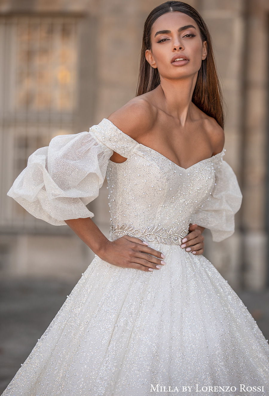 milla lorenzo rossi 2021 bridal half puff sleeves off the shoulder sweetheart neckline full embellishment glitter princess a  line wedding dress chapel train (roxana) zv