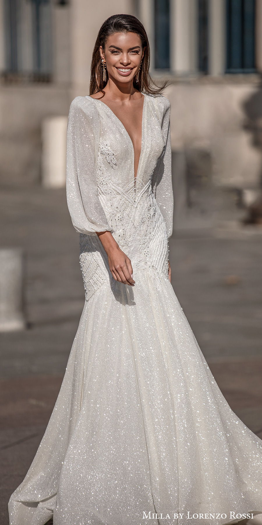 milla lorenzo rossi 2021 bridal long bishop sleeves deep plunging v neck full embellishment glitter elegant mermaid wedding dress v back chapel train (jayden) mv