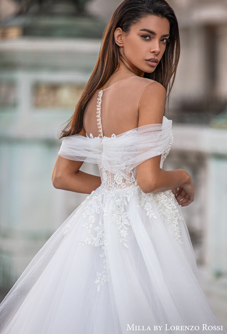 milla lorenzo rossi 2021 bridal off the shoulder illusion bateau sweetheart neckline heavily embellished bodice princess a  line wedding dress sheer button back chapel train (melusina) zbv