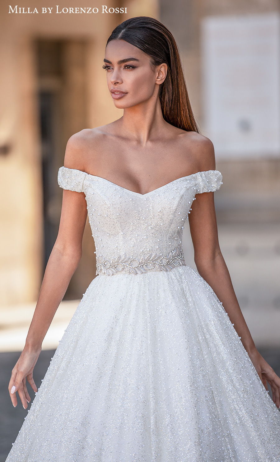 milla lorenzo rossi 2021 bridal off the shoulder sweetheart neckline full embellishment glitter princess a  line wedding dress chapel train (roxana) zv