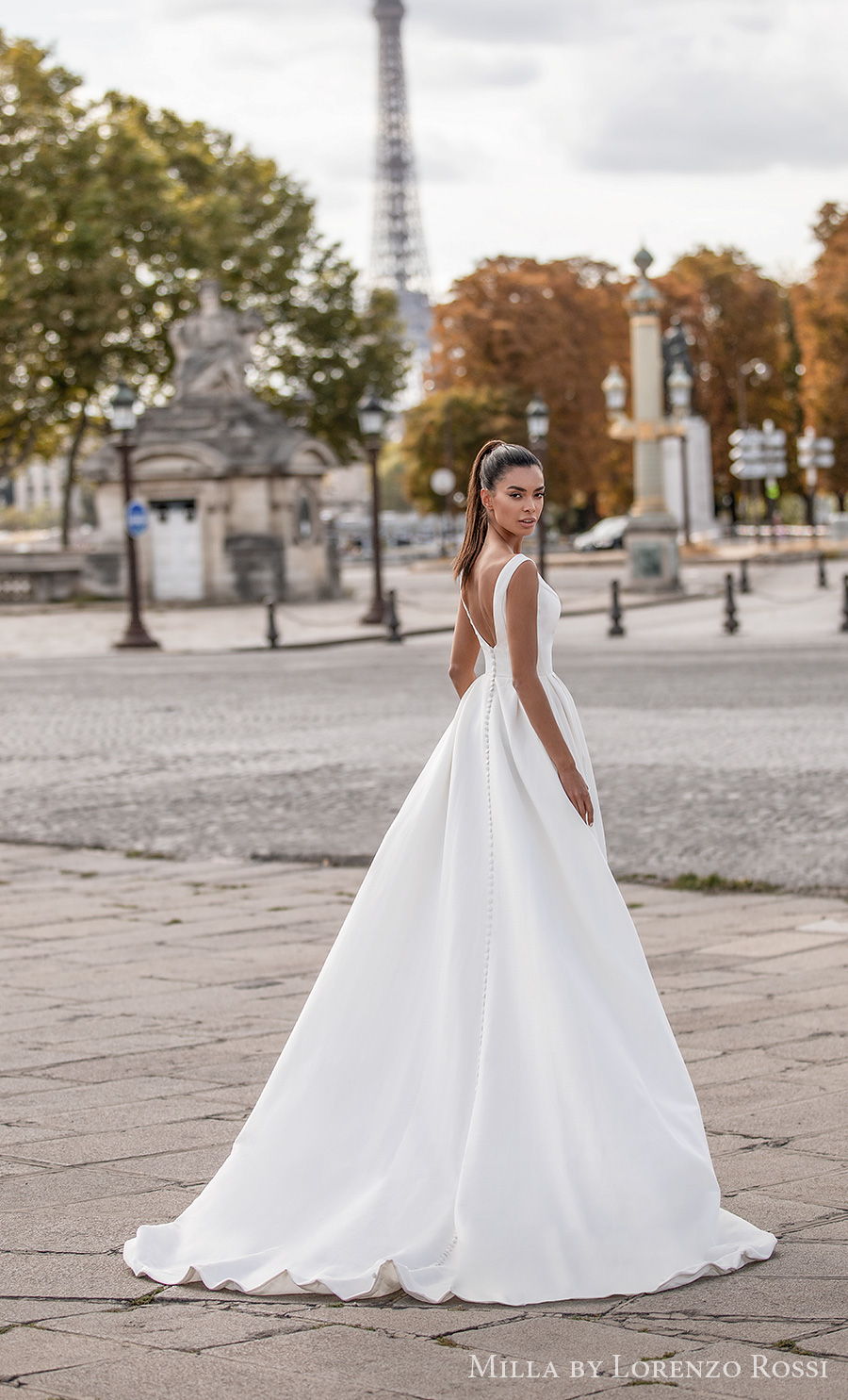 milla lorenzo rossi 2021 bridal sleeveless bateau neckline simple minimalist elegant princess a  line wedding dress backless sweep train (travis) bv