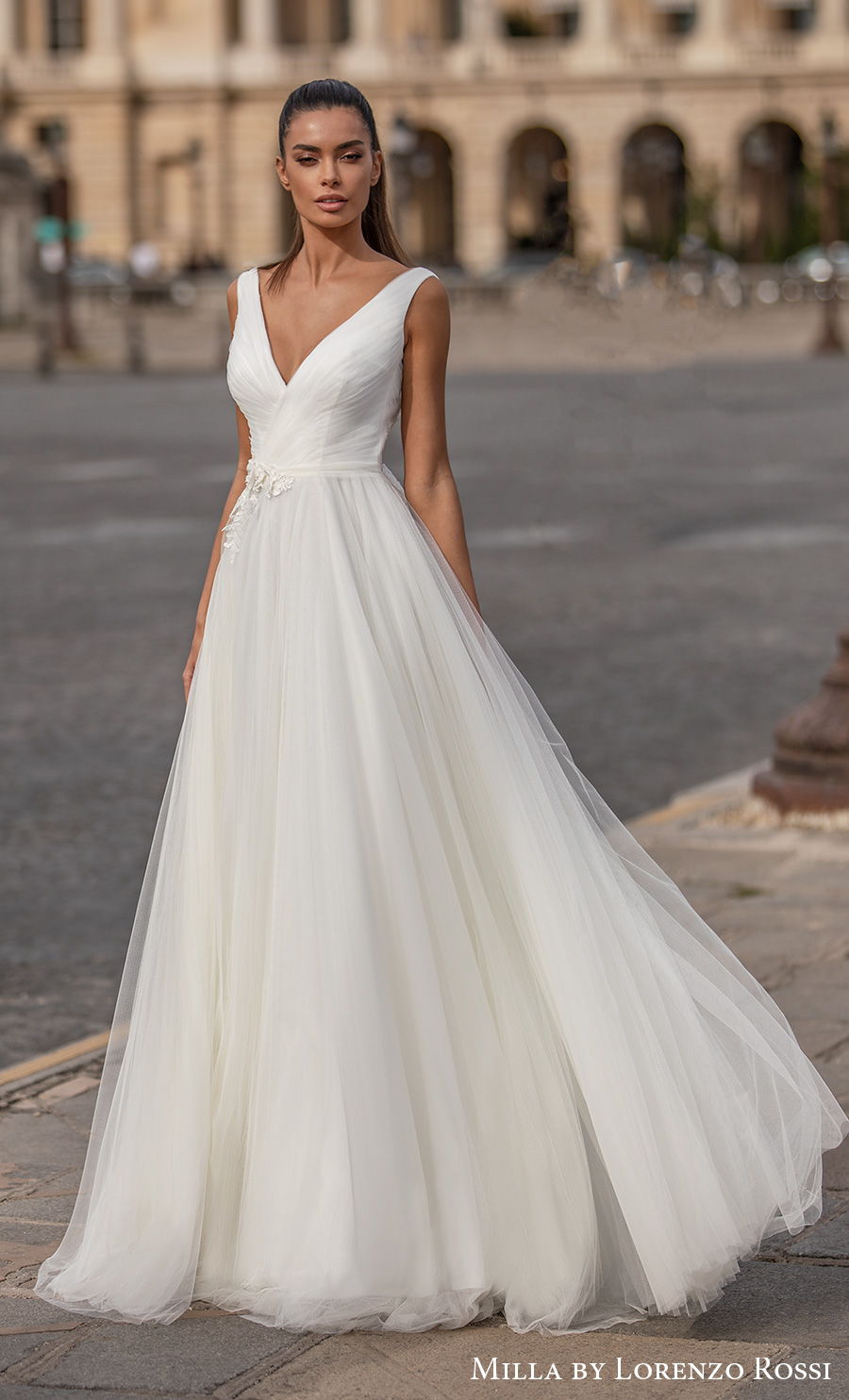 milla lorenzo rossi 2021 bridal sleeveless v neck lightly embellished wrap over bodice tulle skirt romantic a  line wedding dress (charilyn) mv