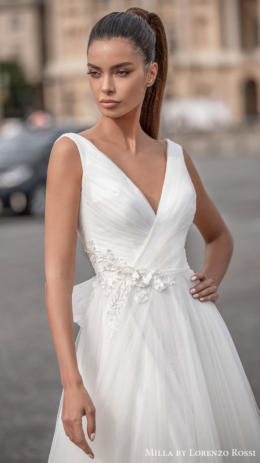 milla lorenzo rossi 2021 bridal sleeveless v neck lightly embellished wrap over bodice tulle skirt romantic a  line wedding dress (charilyn) zv