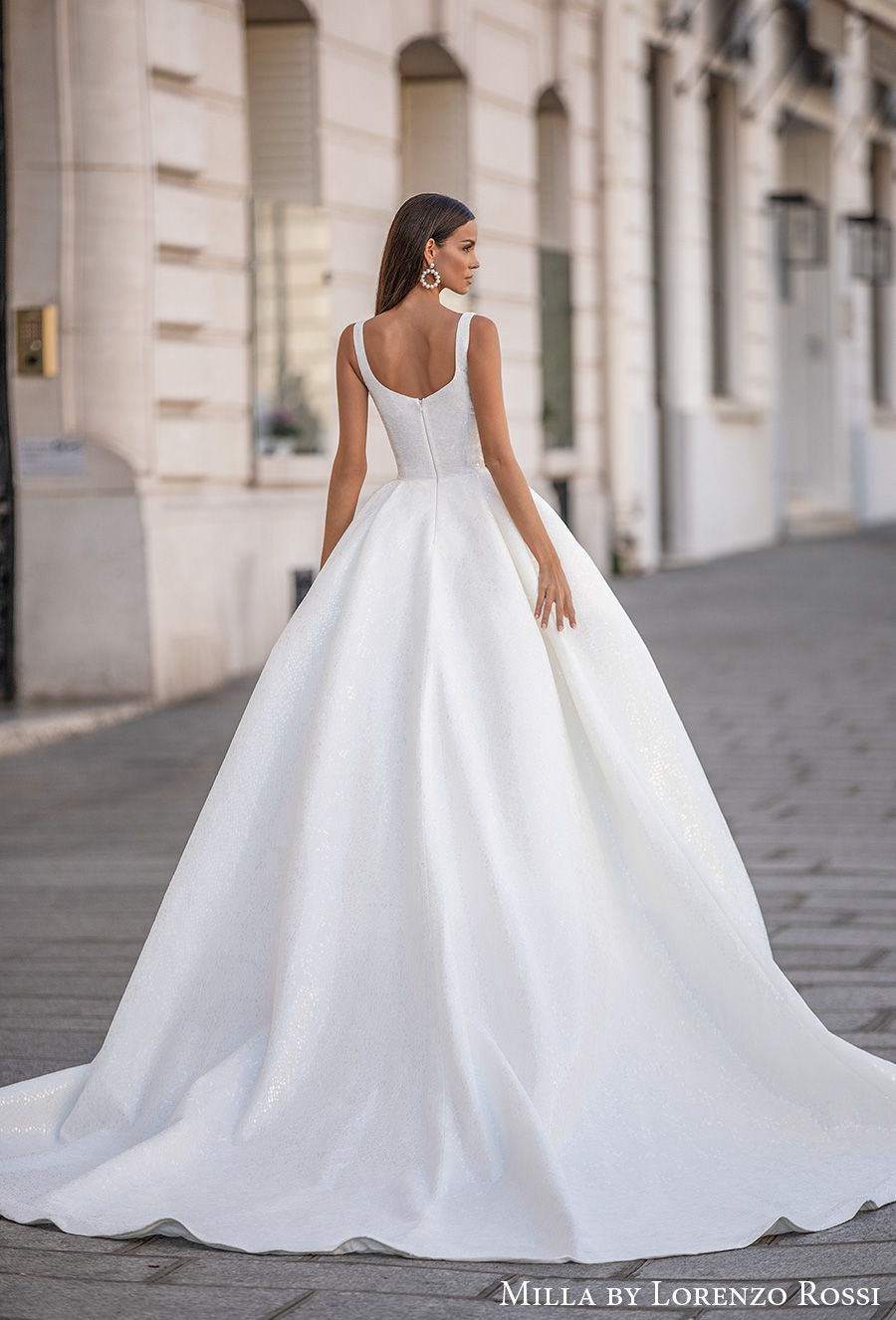 milla lorenzo rossi 2021 bridal sleeveless with strap square neckline simple minimalist elegant ball gown a  line wedding dress mid back chapel train (gabrielle) bv