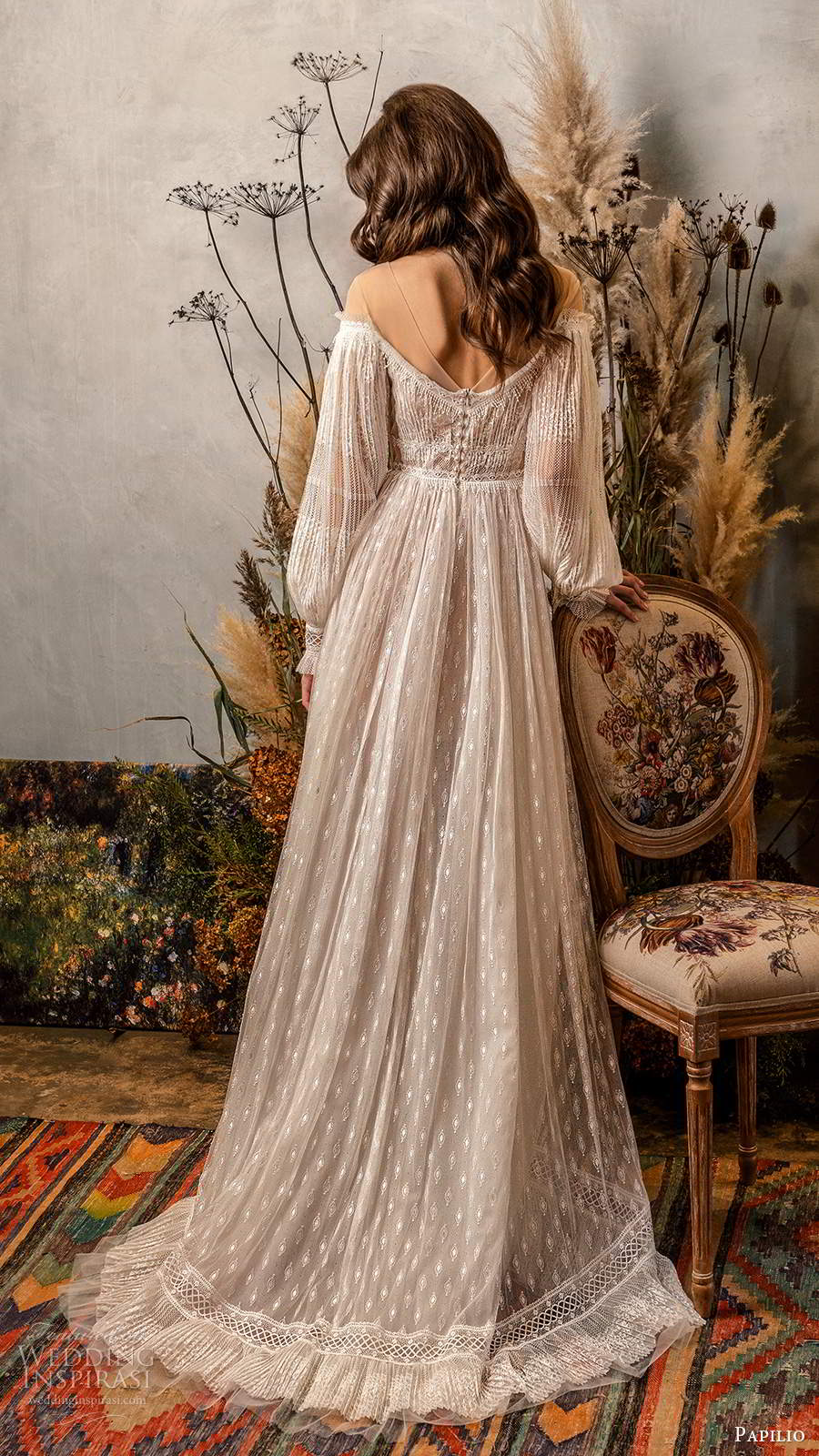 papilio fall 2020 bridal bishop sleeves illusion off shoulder neckline boho chic embellished a line ball gown wedding dress chapel train (17) bv