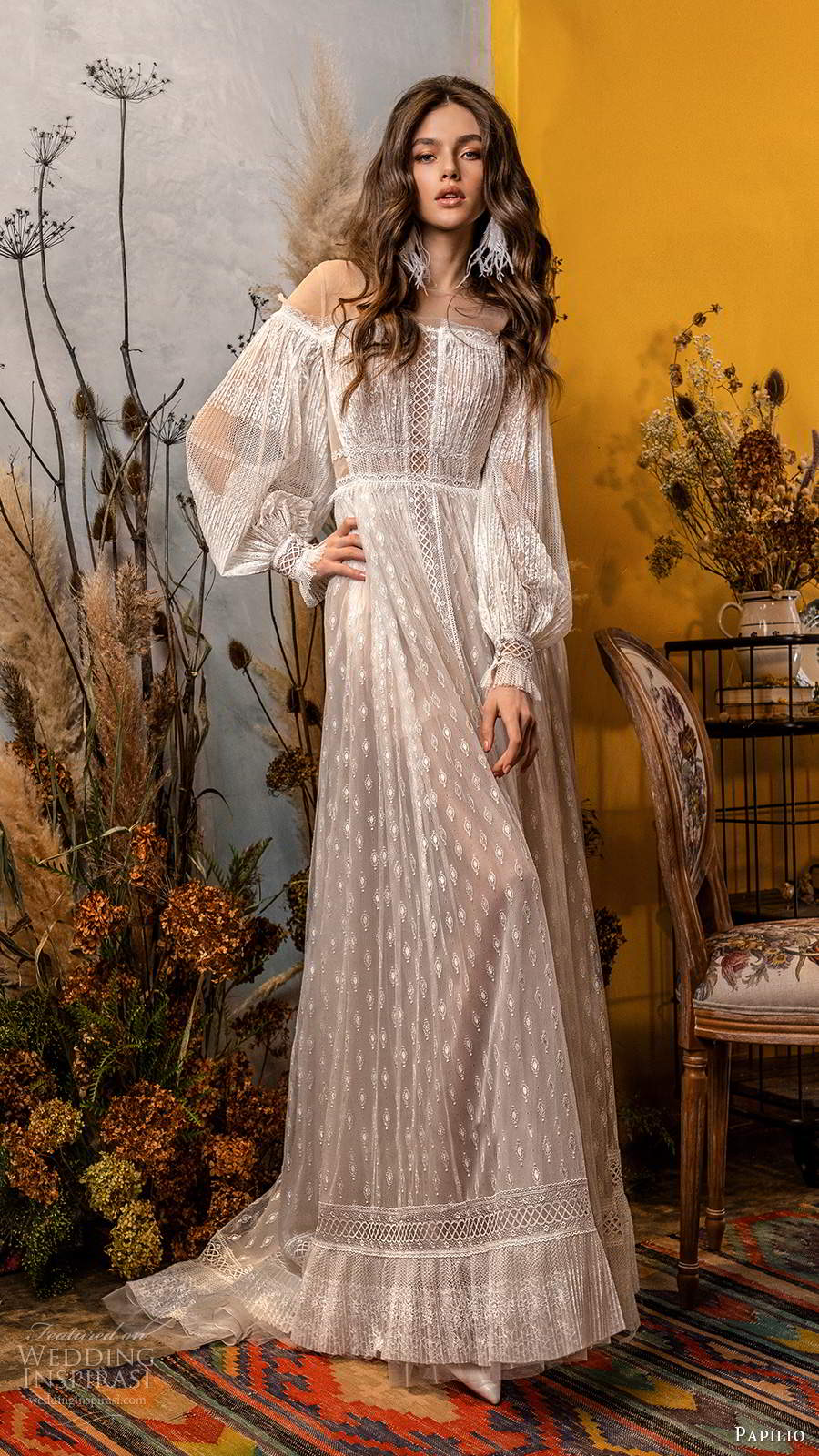 papilio fall 2020 bridal bishop sleeves illusion off shoulder neckline boho chic embellished a line ball gown wedding dress chapel train (17) mv