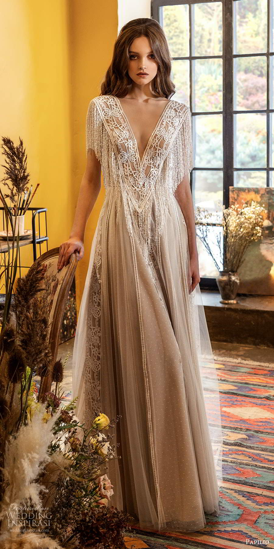 papilio fall 2020 bridal fringe flutter short sleeves plunging v neckline embellished bodice a line ball gown boho wedding dress chapel train (1) mv