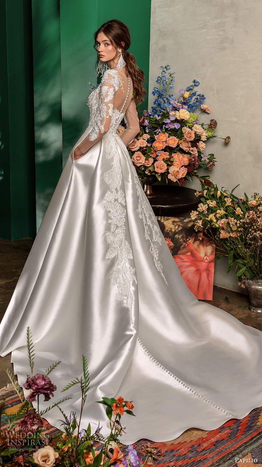 papilio fall 2020 bridal illusion long sleeves sheer bateau sweetheart neckline embellished a line ball gown wedding dress pockets chapel train (3) bv