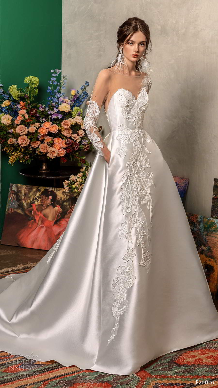 papilio fall 2020 bridal illusion long sleeves sheer bateau sweetheart neckline embellished a line ball gown wedding dress pockets chapel train (3) mv