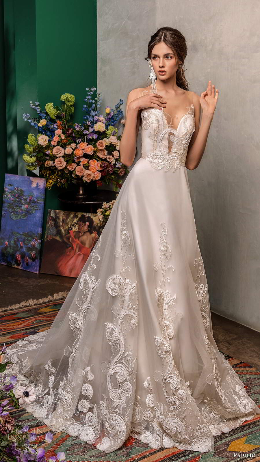 papilio fall 2020 bridal sleeveless illusion bateau plunging sweetheart neckline embellished a line ball gown wedding dress chapel train (16) mv