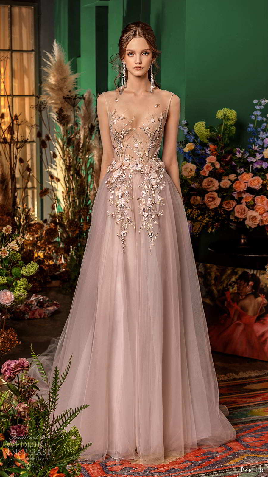 papilio fall 2020 bridal sleeveless illusion bateau sweetheart neckline embellished bodice a line ball gown wedding dress blush pink color chapel train (10) mv