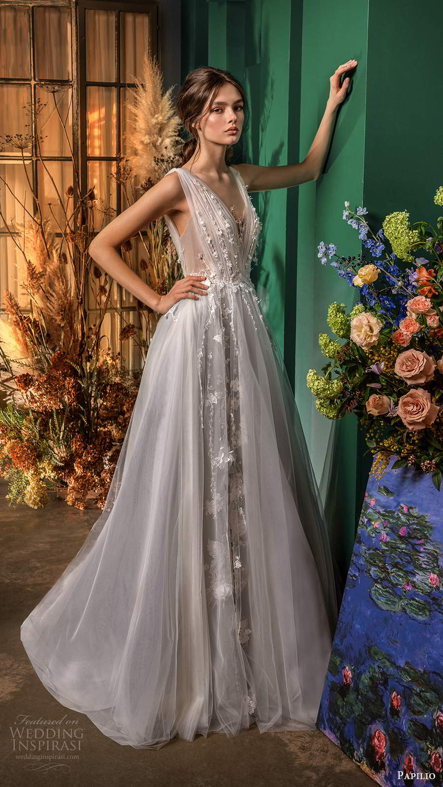 papilio fall 2020 bridal sleeveless straps v neckline ruched bodice a line ball gown grey wedding dress v back chapel train (12) mv