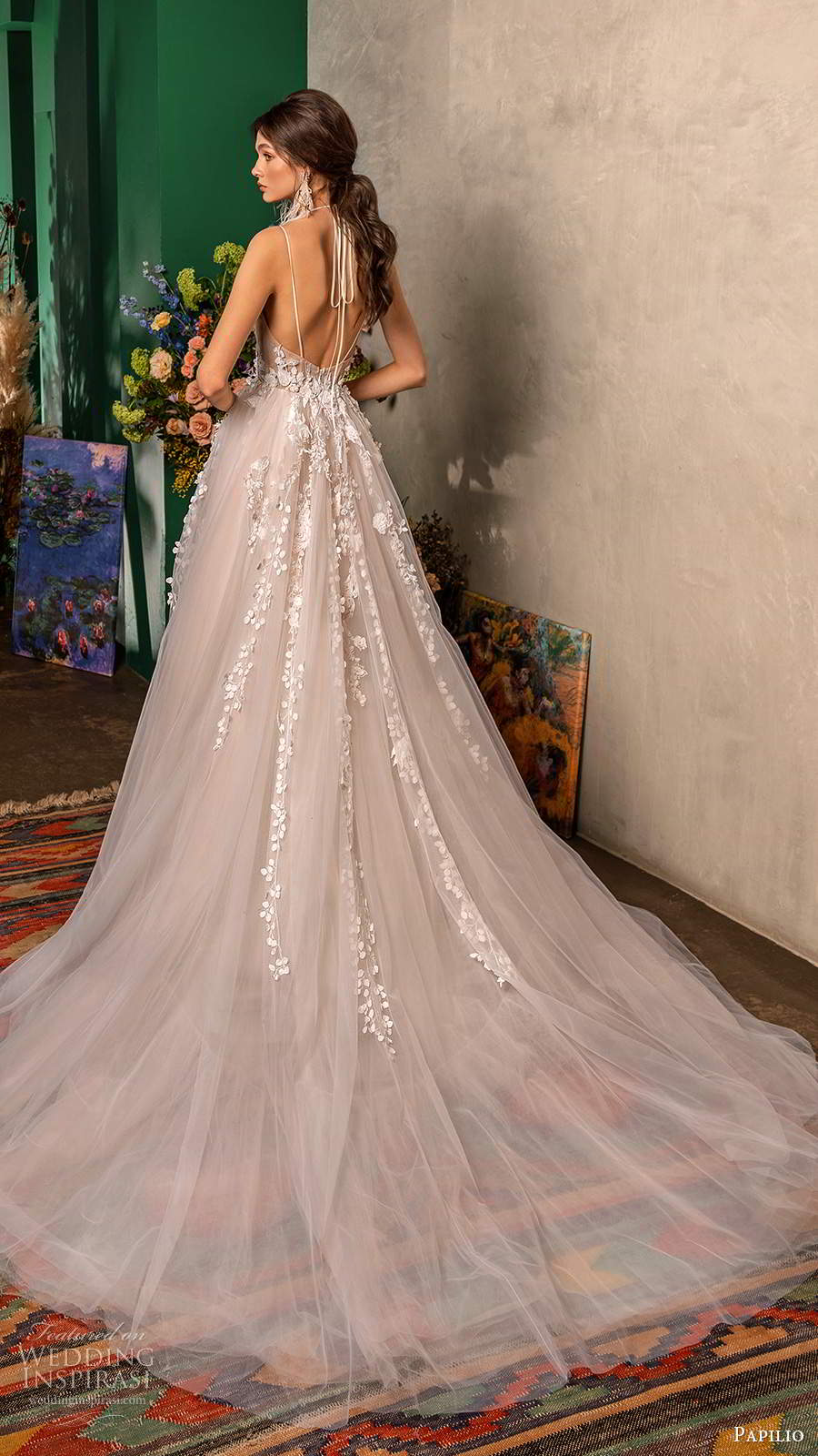 papilio fall 2020 bridal sleeveless thing straps plunging v neckline embellished bodice a line ball gown blush wedding dress chapel train (2) bv
