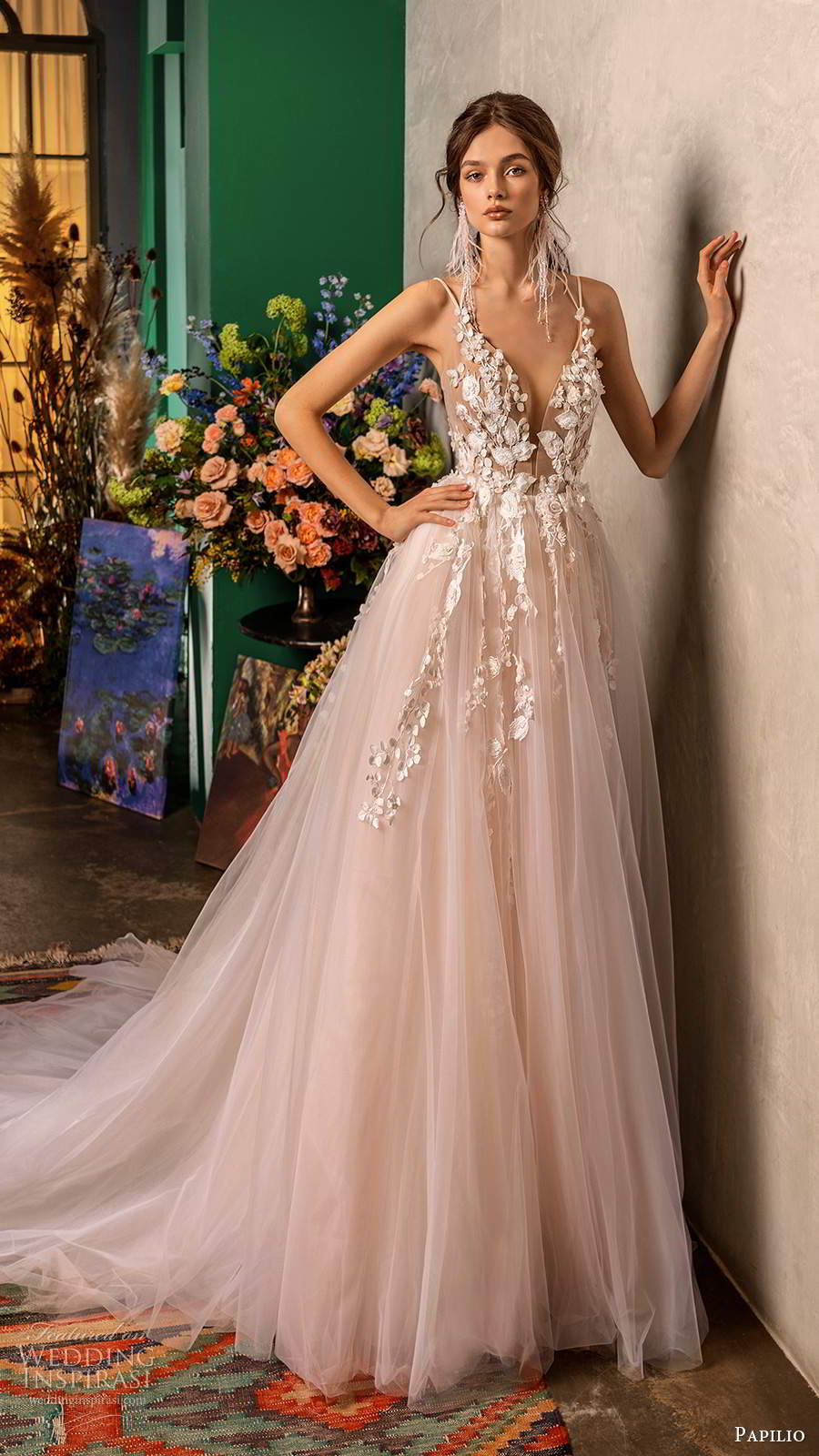 papilio fall 2020 bridal sleeveless thing straps plunging v neckline embellished bodice a line ball gown blush wedding dress chapel train (2) mv