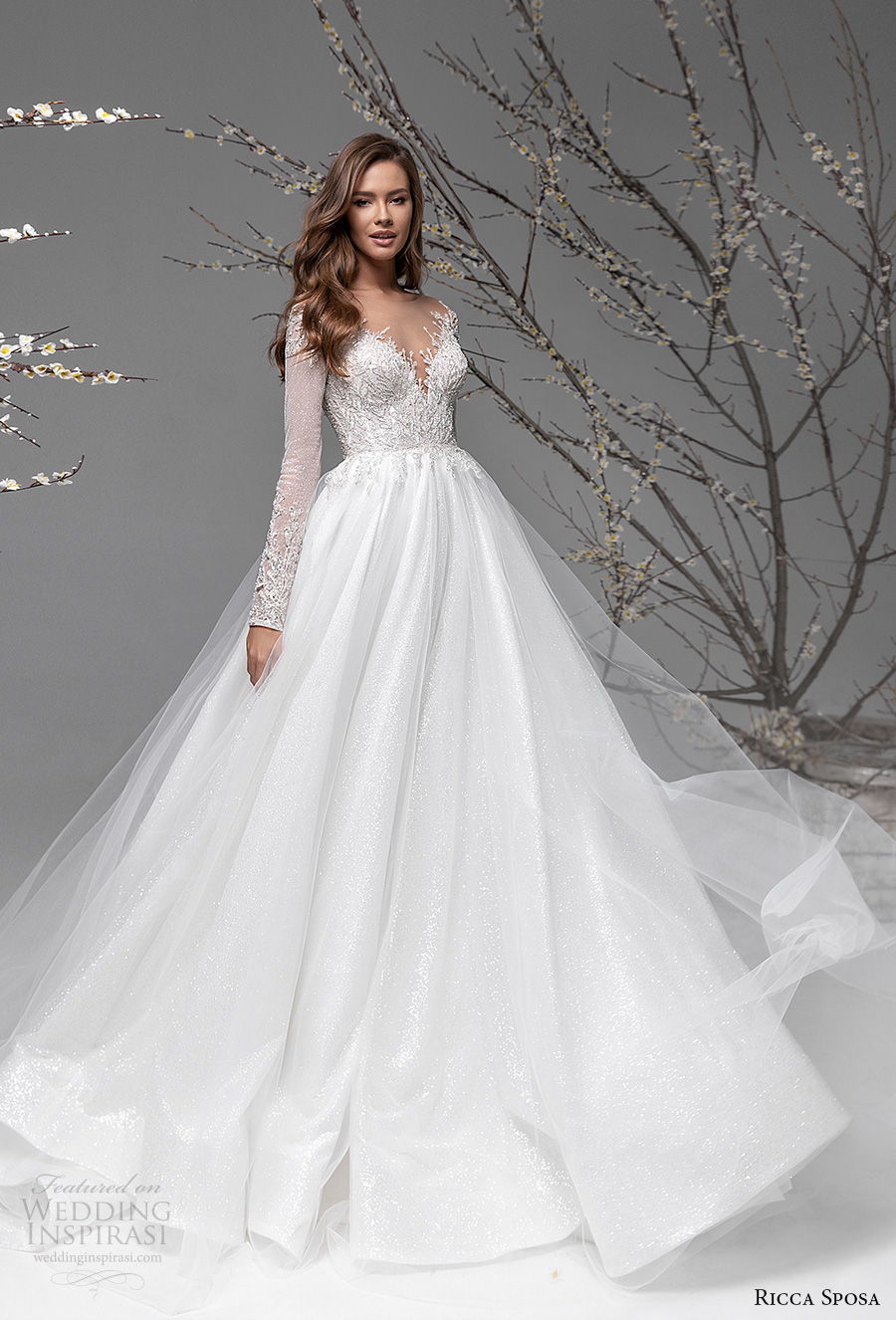 ricca sposa spring 2021 bridal long sleeves v neck heavily embellised bodice romantic a  line wedding dress sheer button back chapel train (10) mv