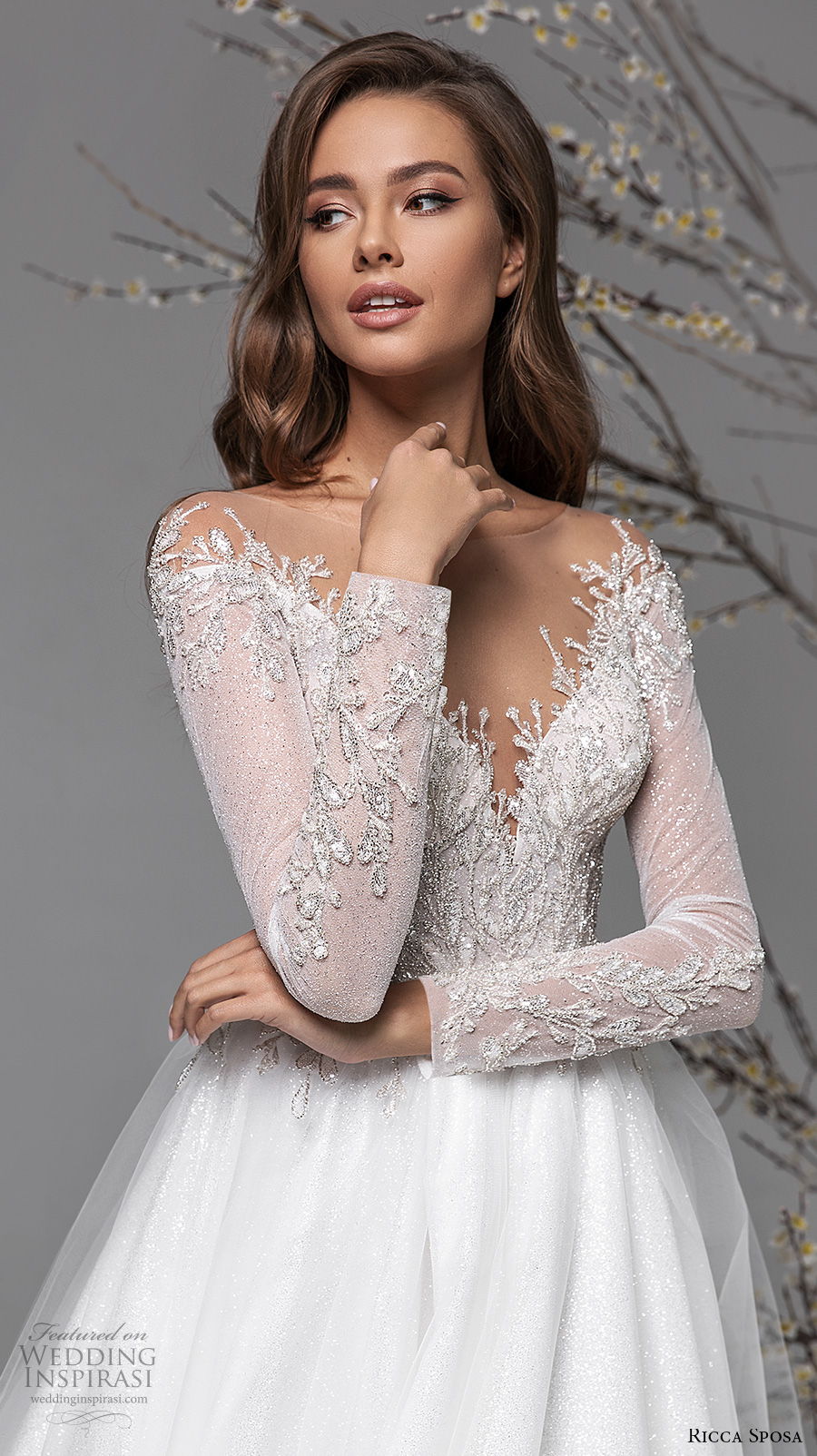 ricca sposa spring 2021 bridal long sleeves v neck heavily embellised bodice romantic a  line wedding dress sheer button back chapel train (10) zv