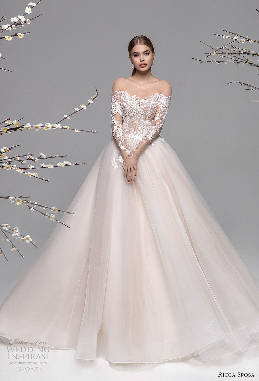 ricca sposa spring 2021 bridal off the shoulder long sleeves sweetheart neckline heavily embellished bodice romantic blush a  line wedding dress mid back chapel train (17) mv