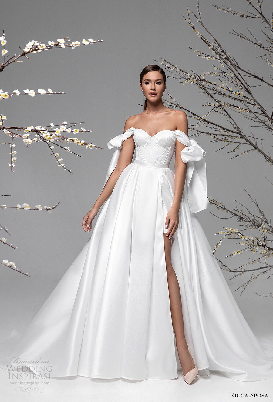 ricca sposa spring 2021 bridal off the shoulder sweetheart neckline buster bodice slit skirt simple minimalist a  line wedding dress chapel train (12) mv