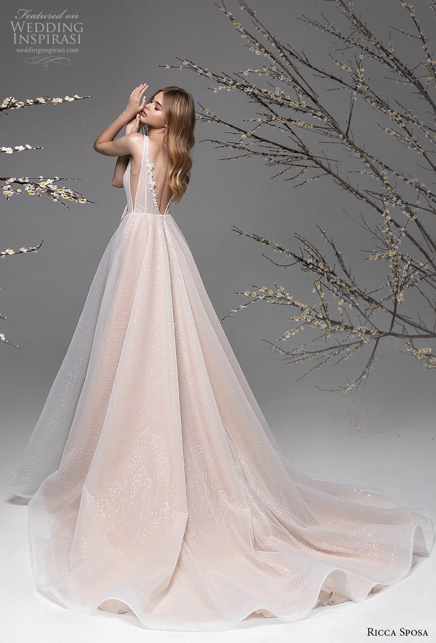 ricca sposa spring 2021 bridal sleeveless deep v neck lightly embellished bodice ribbon waist romantic blush a  line wedding dress v back chapel train (2) bv