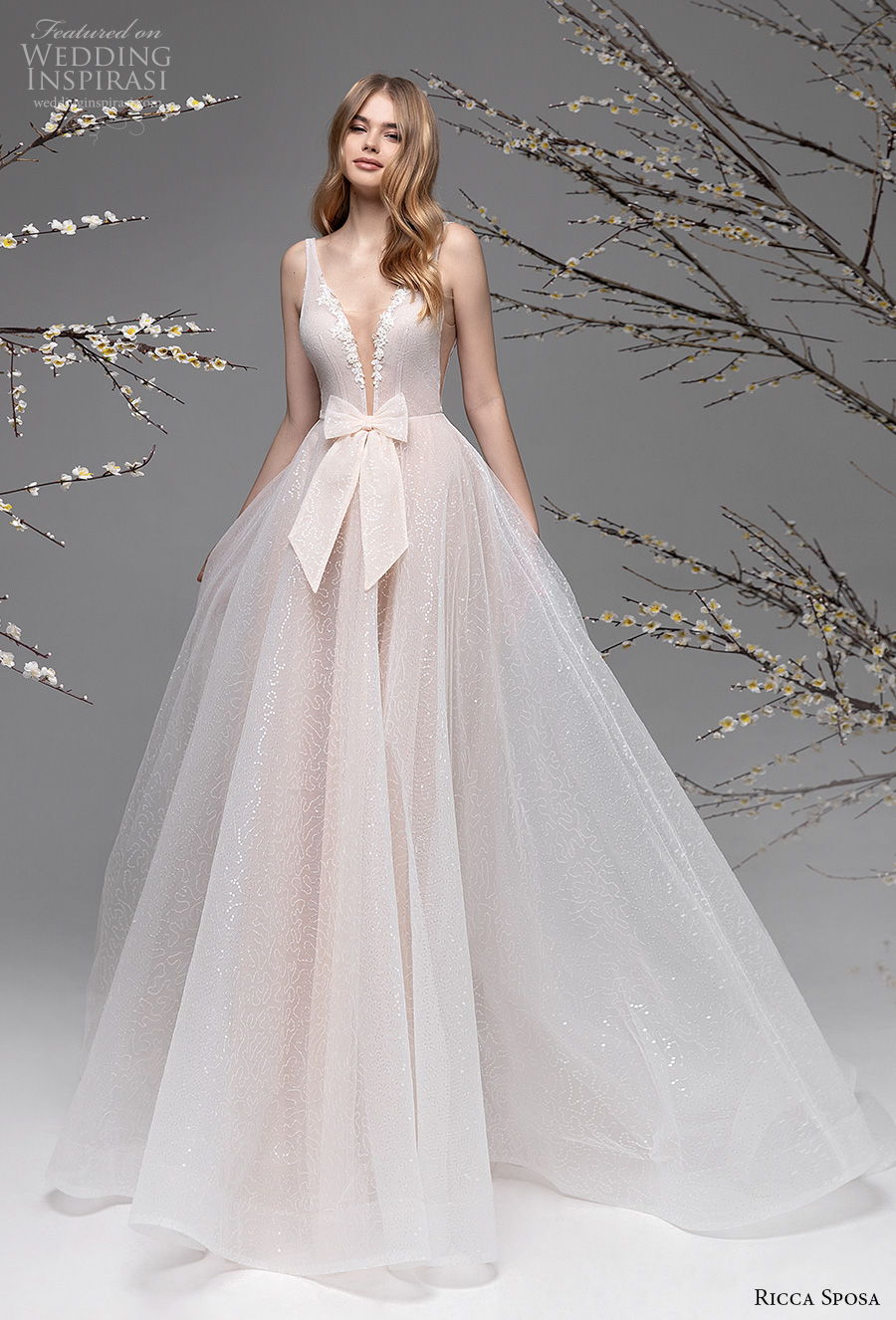 ricca sposa spring 2021 bridal sleeveless deep v neck lightly embellished bodice ribbon waist romantic blush a  line wedding dress v back chapel train (2) mv