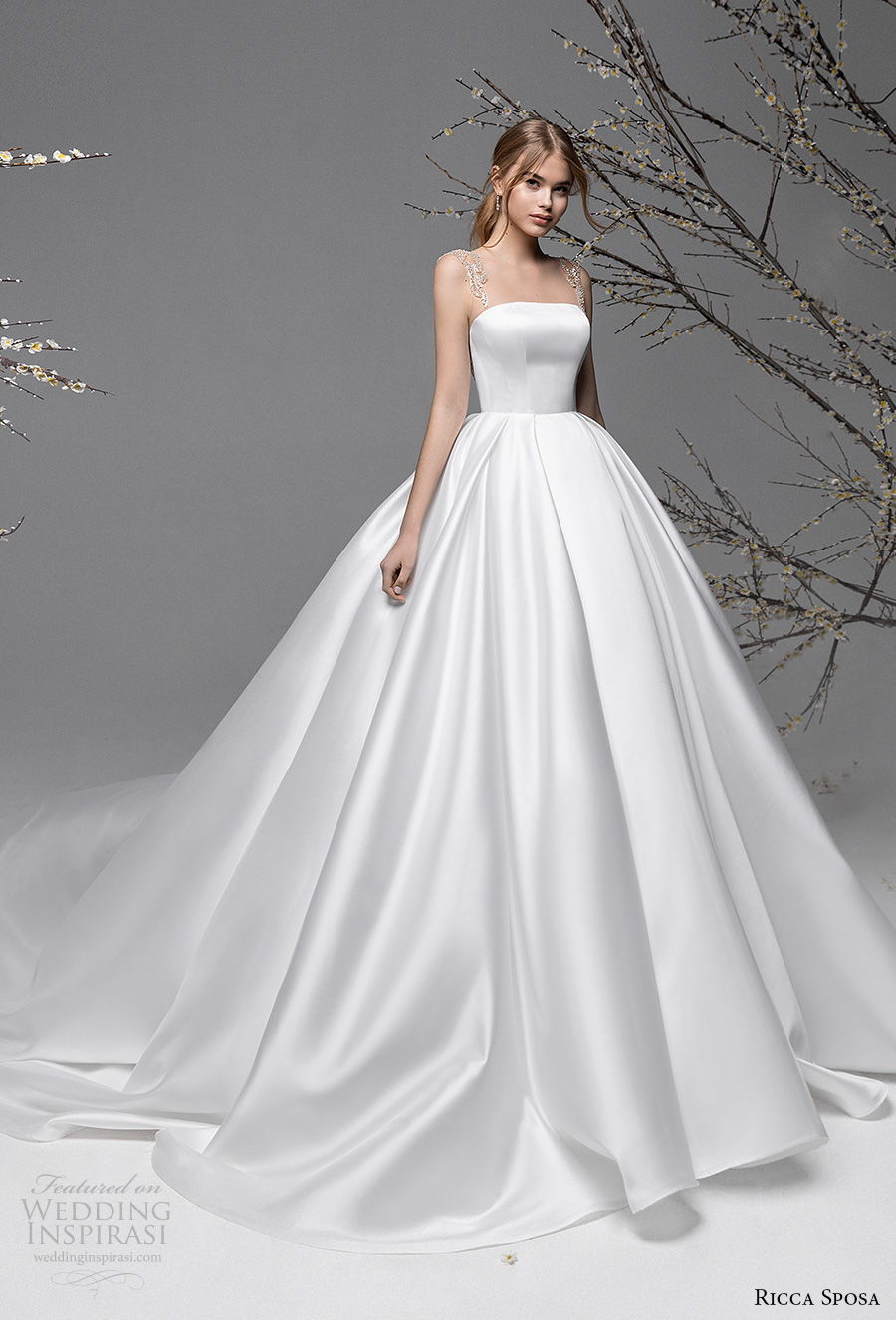 ricca sposa spring 2021 bridal sleeveless illusion bateau straight across neckline simple clean minimalist princess ball gown a  line wedding dress embellished back royal train (7) mv