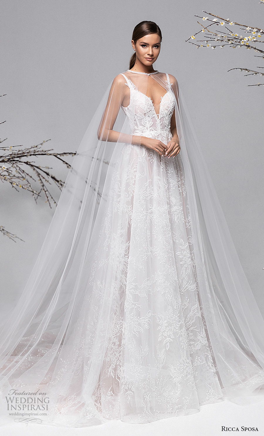 ricca sposa spring 2021 bridal sleeveless with strap deep sweetheart neckline full embellishment a  line wedding dress with sheer cape v back long train (14) mv