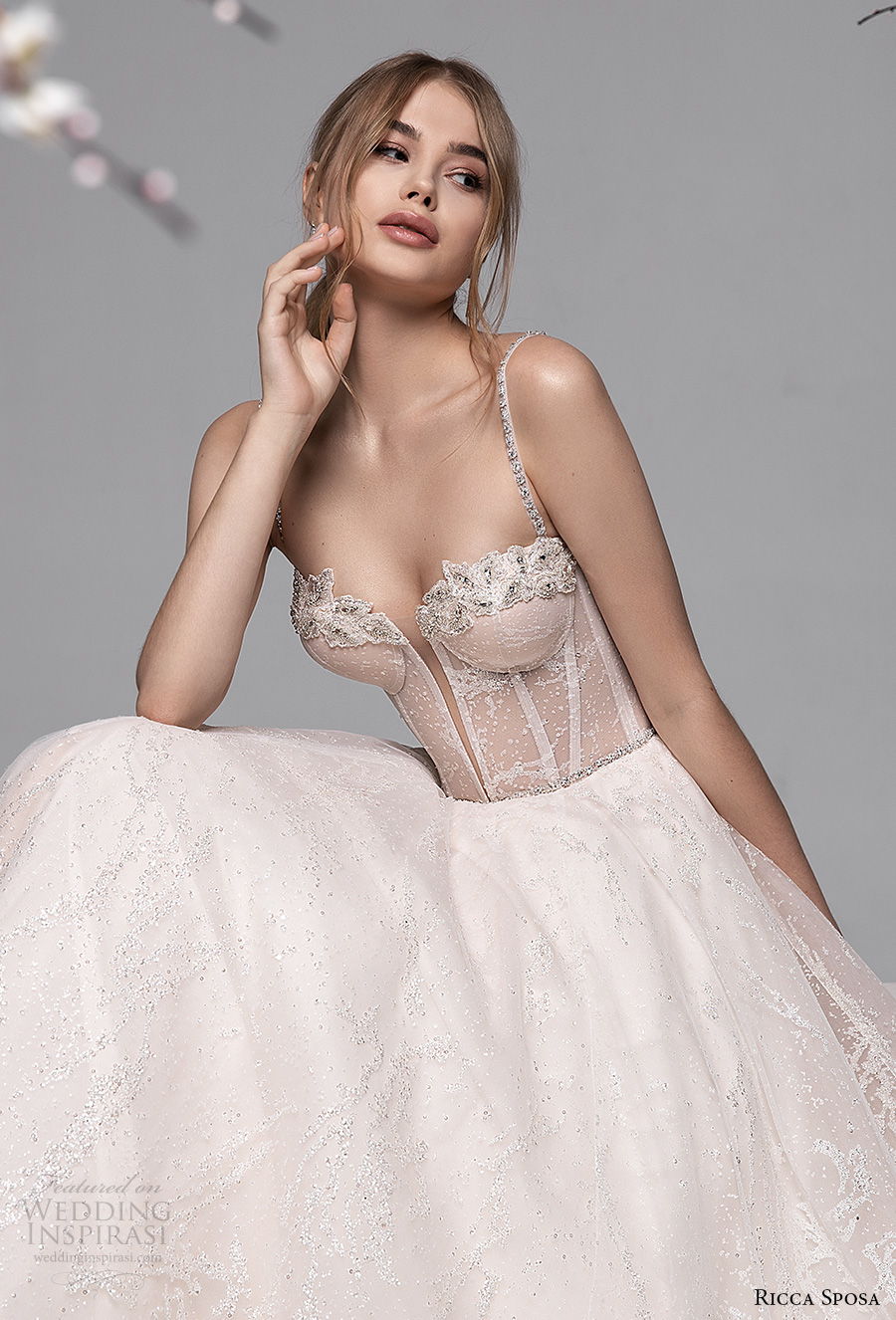 ricca sposa spring 2021 bridal spaghetti strap sweetheart neckline heavily embellished bodice bustier romantic blush a  line wedding dress sweep train (8) zv