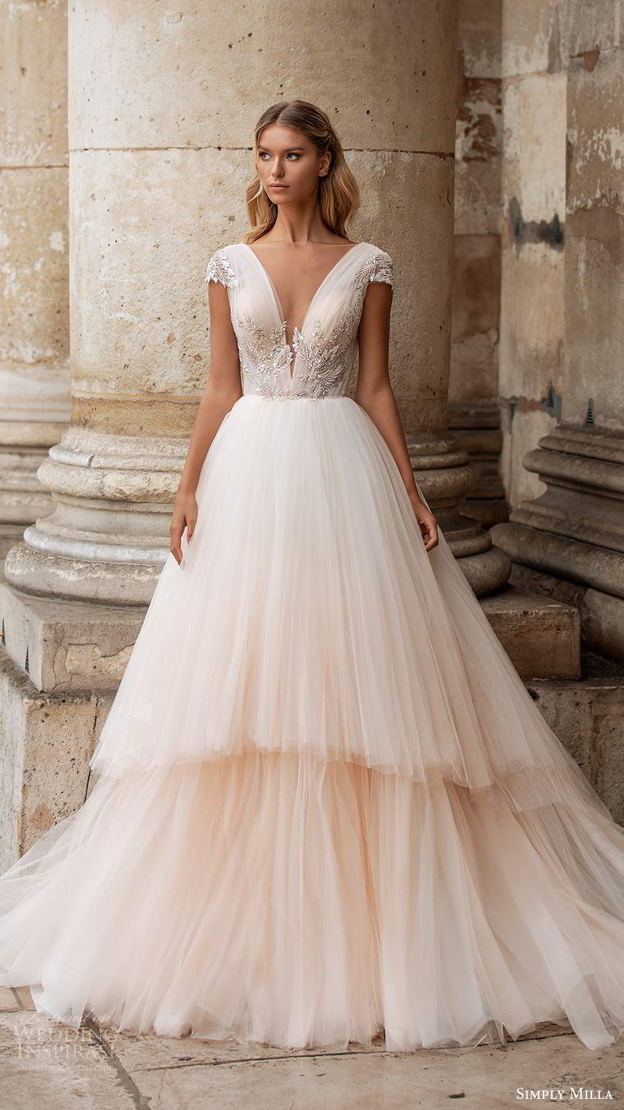 simply milla nova 2020 bridal cap sleeves plunging v neckline embellished bodice a line ball gown blush wedding dress chapel train (3) mv