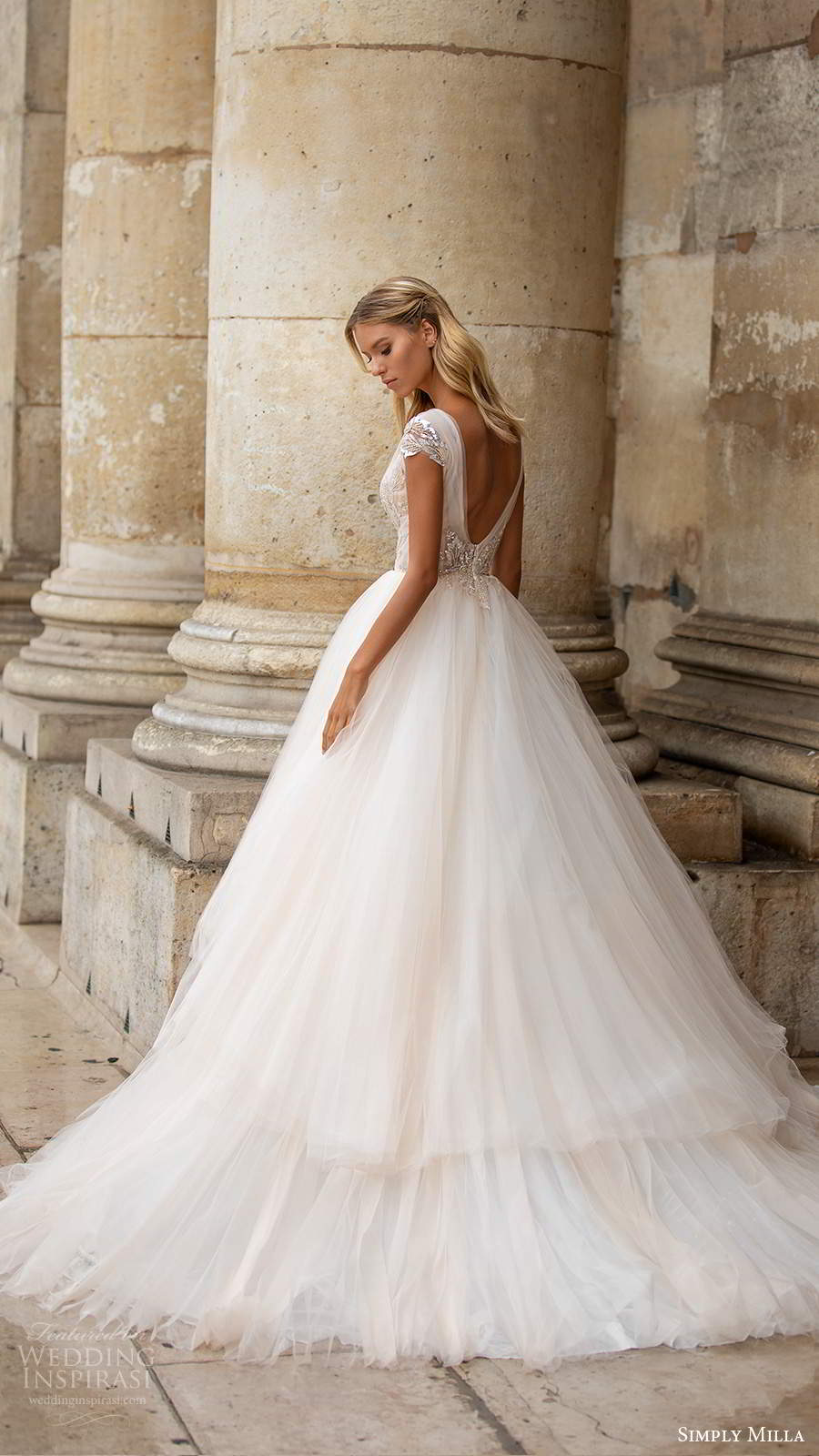 simply milla nova 2020 bridal cap sleeves plunging v neckline embellished bodice a line ball gown blush wedding dress chapel train scoop back (3) bv