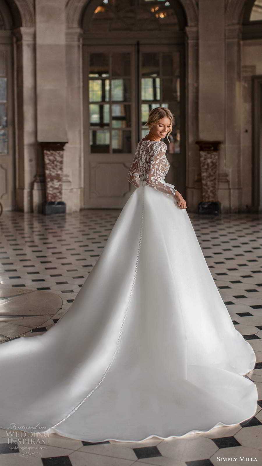 simply milla nova 2020 bridal illusion long sleeves bateau neckline embellished bodice clean skirt a line ball gown wedding dress chapel train (6) bv