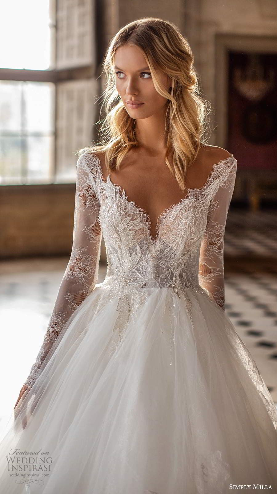 simply milla nova 2020 bridal long sleeves off shoulder sweetheart neckline embellished bodice a line ball gown wedding dress chapel train (7) zv
