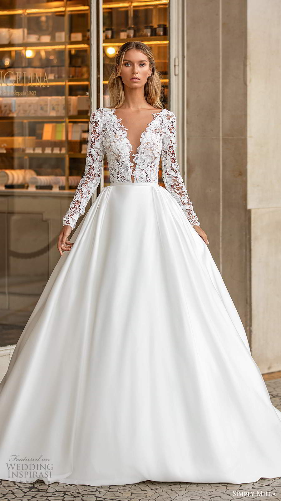 simply milla nova 2020 bridal long sleeves plunging neckline embellished lace bodice clean skirt a line ball gown wedding dress chapel train (5) mv