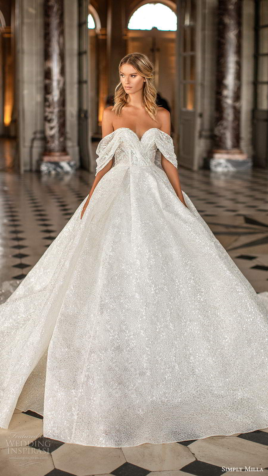 simply milla nova 2020 bridal off shoulder straps sweetheart neckline fully embellished a line ball gown glitzy wedding dress chapel train (10) mv