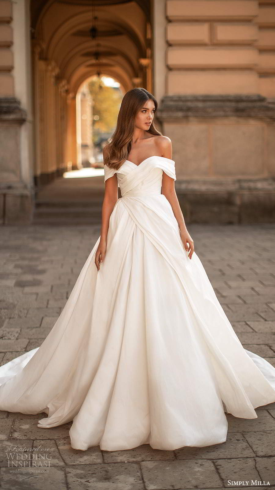 simply milla nova 2020 bridal off shoulder straps sweetheart neckline pleated bodice clean minimalist a line ball gown wedding dress chapel train (8) mv