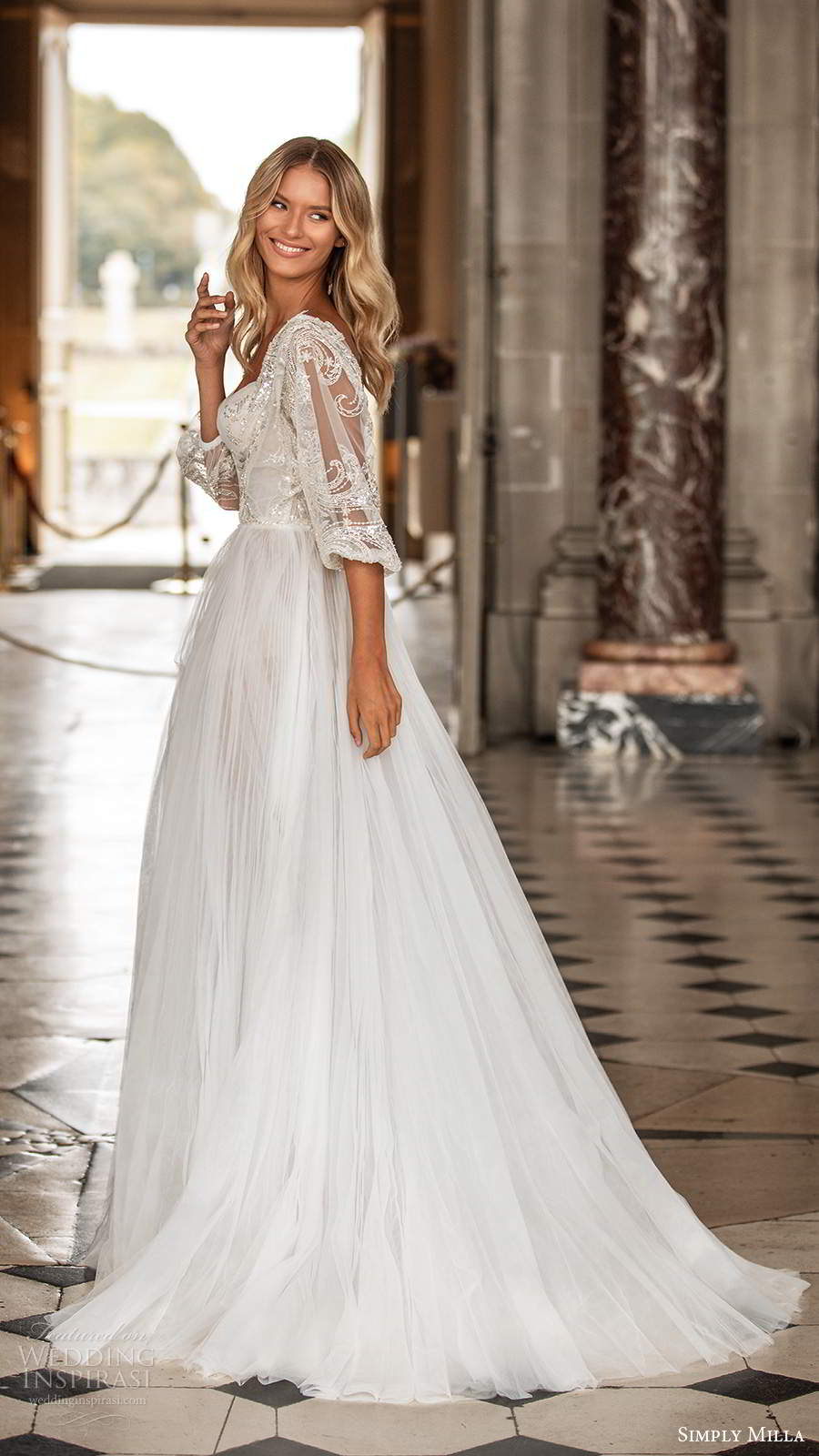 simply milla nova 2020 bridal sheer half balloon sleeves sweetheart neckline embellished bodice aline ball gown boho wedding dress sweep train (9) bv