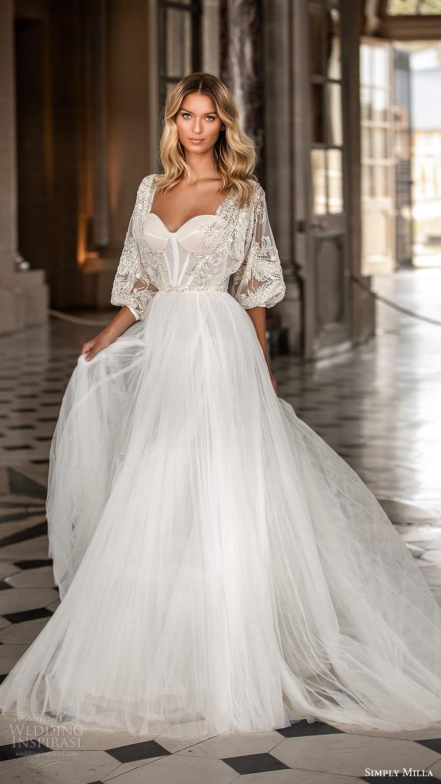 simply milla nova 2020 bridal sheer half balloon sleeves sweetheart neckline embellished bodice aline ball gown boho wedding dress sweep train (9) mv