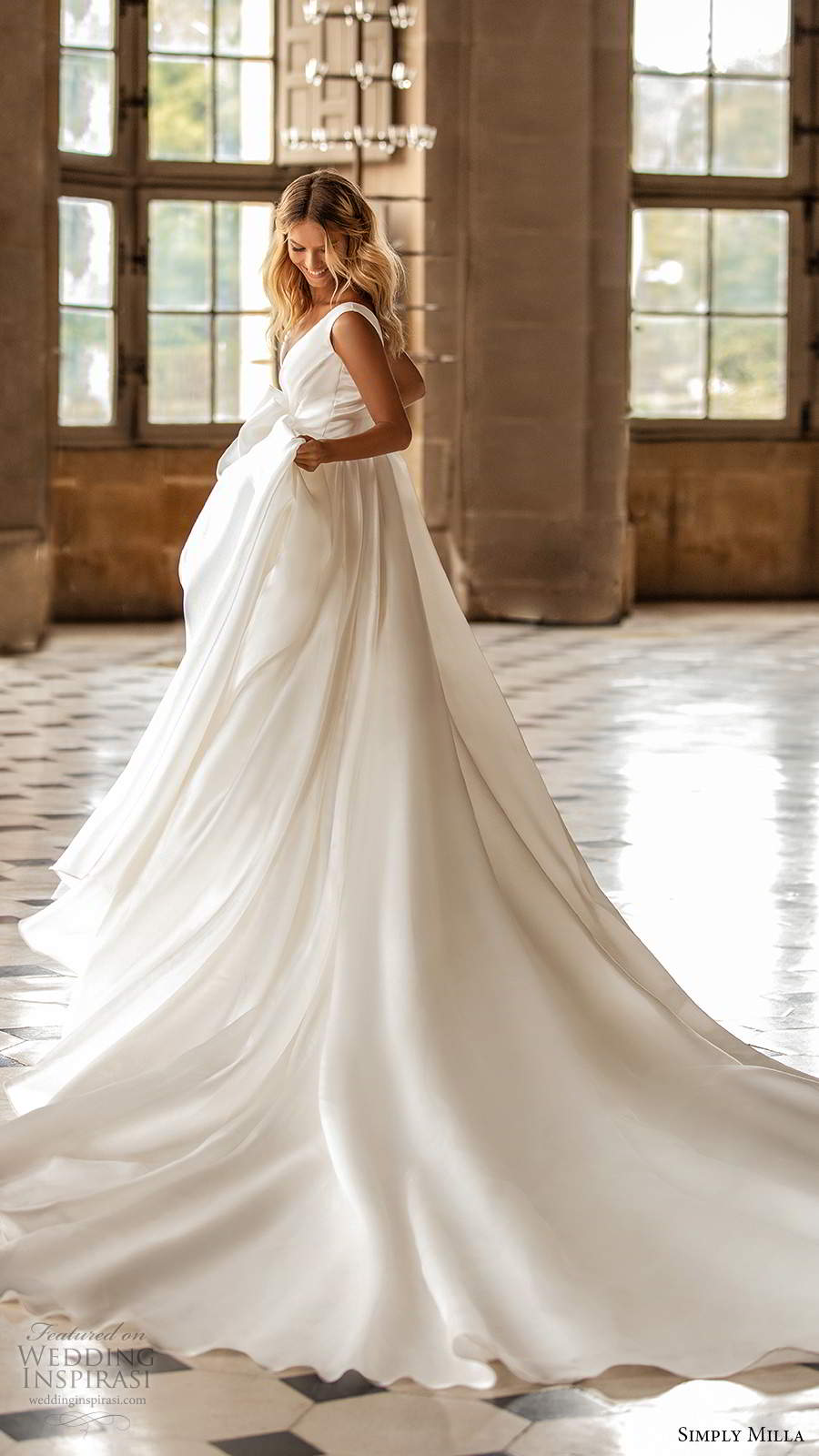simply milla nova 2020 bridal sleeveless straps v surplice neckline clean minalist a line ball gown wedding dress cathedrea; train (11) bv