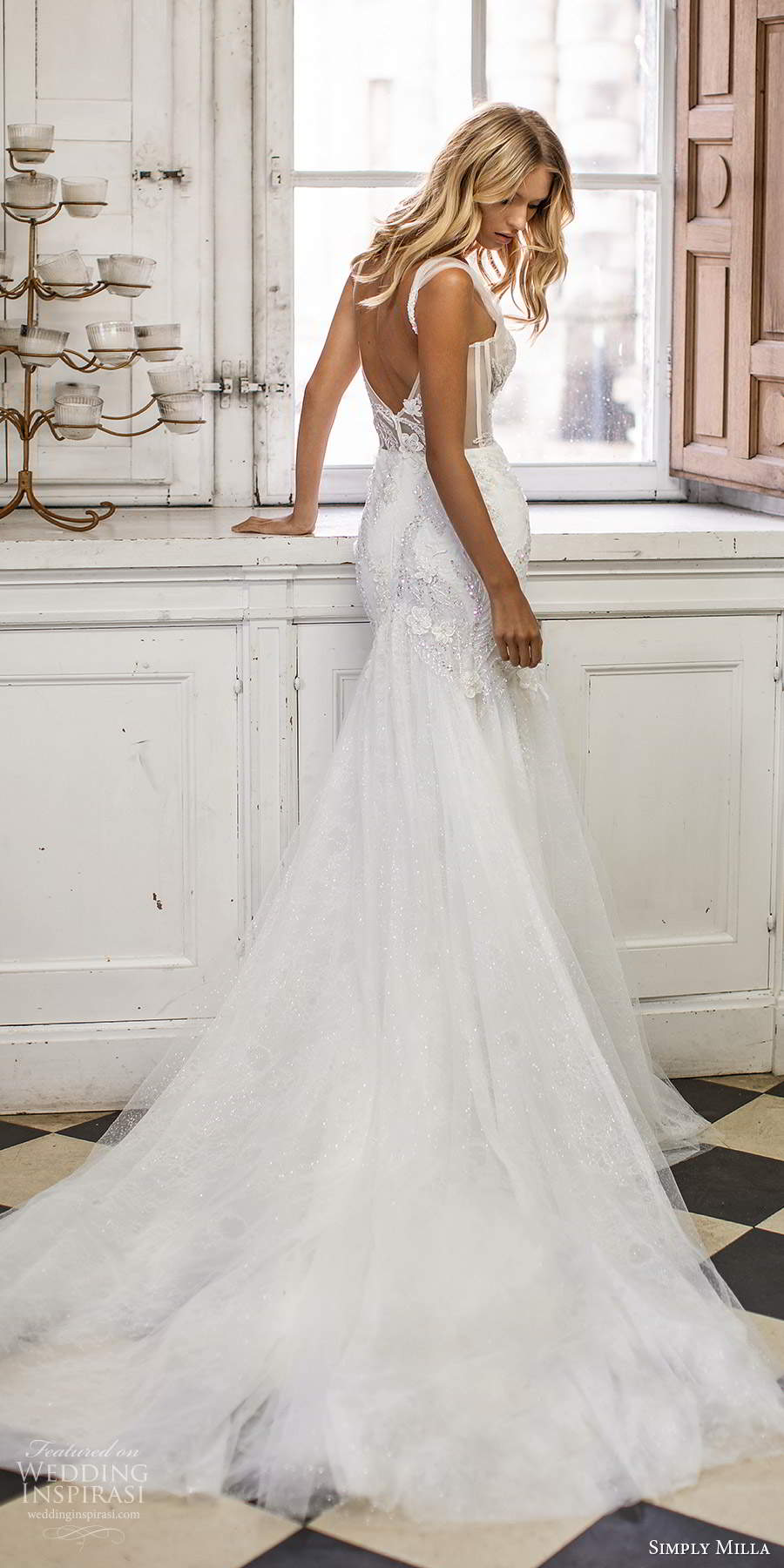 simply milla nova 2020 bridal sleeveless thick ruched straps v neckline embellished fit flare mermaid wedding dress chapel train (16) bv