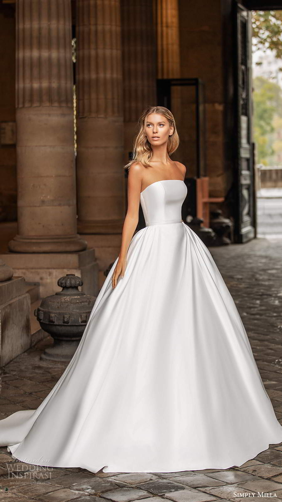 simply milla nova 2020 bridal strapless straight across neckline clean minimalist a line ball gown wedding dress chapel train (14) mv