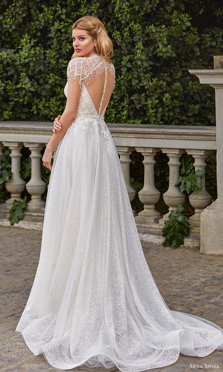 anna sposa 2021 bridal beaded short sleeves high neckline embellished bodice a line ball gown wedding dress chapel train (22) bv