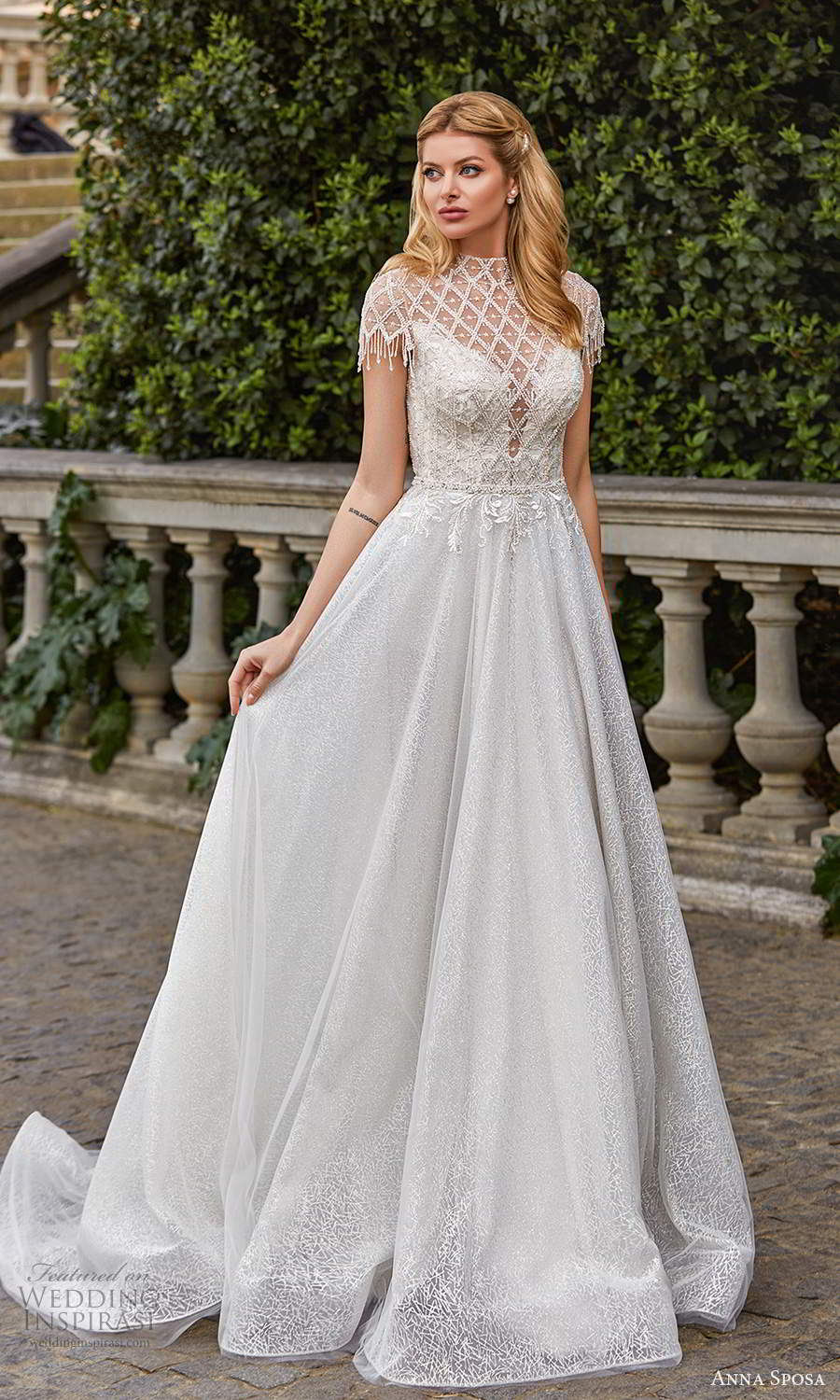 anna sposa 2021 bridal beaded short sleeves high neckline embellished bodice a line ball gown wedding dress chapel train (22) mv