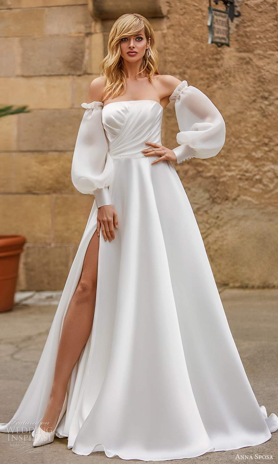 anna sposa 2021 bridal detached bishop sleeves strapless straight across neckline ruched bodice minimalist a line ball gown wedding dress slit skirt chapel train (15) mv anna sposa 2021 bridal detached bishop sleeves strapless straight across neckline ruched bodice minimalist a line ball gown wedding dress slit skirt chapel train (15) mv