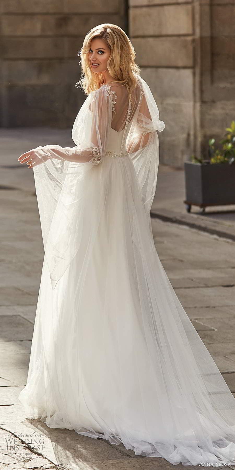 anna sposa 2021 bridal illusion bell sleeves sleeveless straps plunging v neckline clean minimalist sheath wedding dress high slit swep train (5) bv